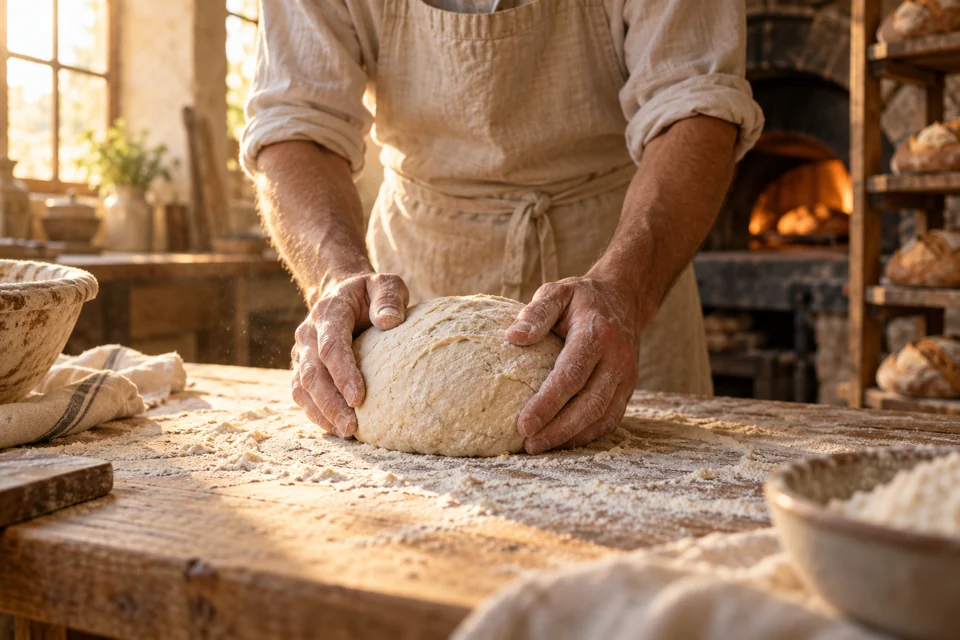 Mains d’un artisan façonnant une pâte sur un plan de travail fariné